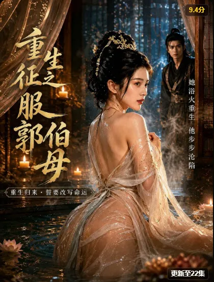 古装重生题材短剧海报，女主立于水雾之中，定档9.4分